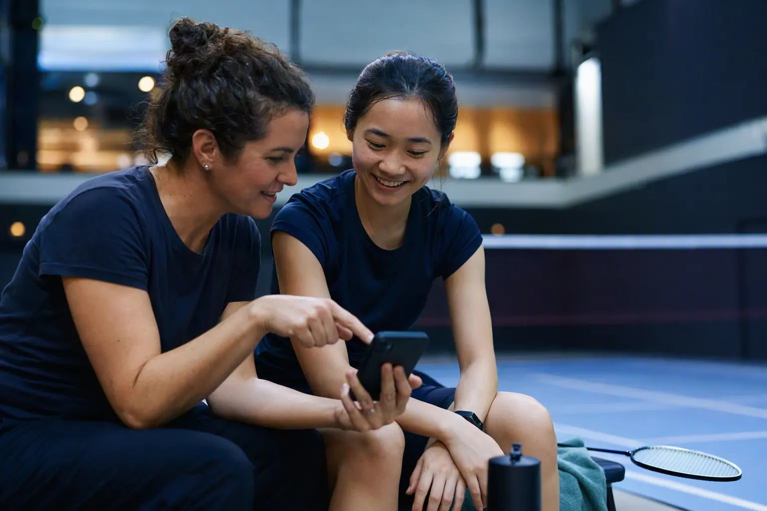 A badminton coach shows a smiling young player something on a phone courtside