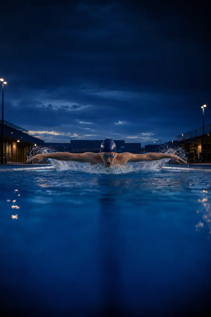 A swimmer mid butterfly stroke in an outdoor pool